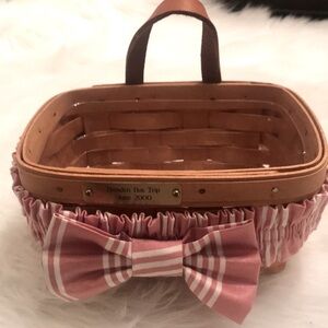 LONGABERGER Basket Woven Leather Handle Plastic Holder Signed Dusty Rose Vintage